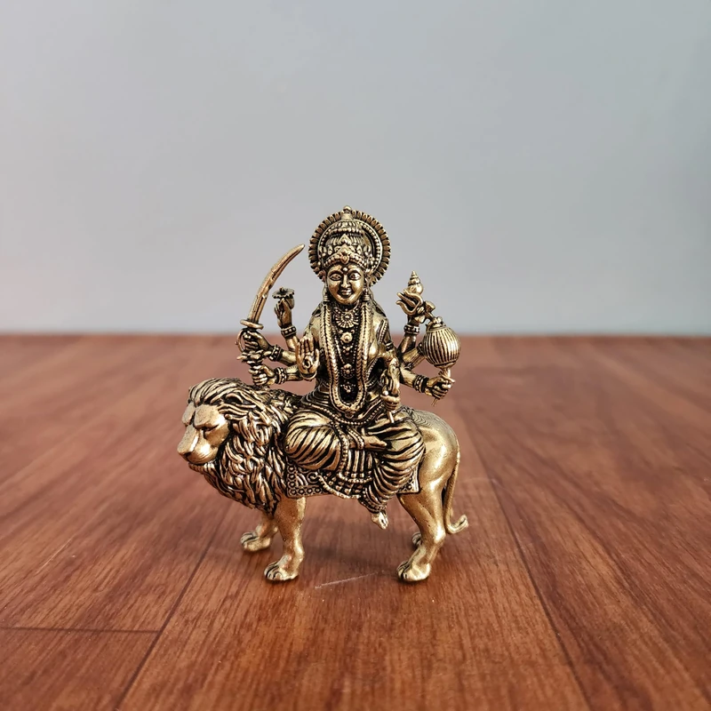 Small Durga Statue Sitting on Lion, 3.5"" Inch Goddess Maa Durga Idol with Lion for Navratri Puja, Ambe Ma, MATA Rani ki Murty, Sherawali MATA car Dashboard Idol, Bronze