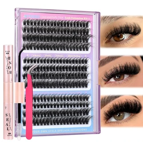 JIMIRE Cluster Lashes Kit 70D+80D+100D Fluffy Eyelash Extensions Kit with Bond and Seal Lash Glue and Lash Tweezers Volume 12-18MM Wispy DIY Lashes Extension Kit 240Pcs Individual Eyelashes Kit