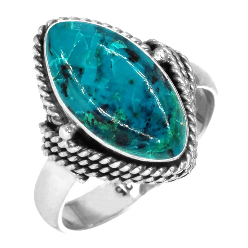 Jeweloporium Blue Chrysocolla Silver Ring Size T 1/2, 925 Sterling Silver Ring for Women, Real Marquise Gemstone Boho Jewellery