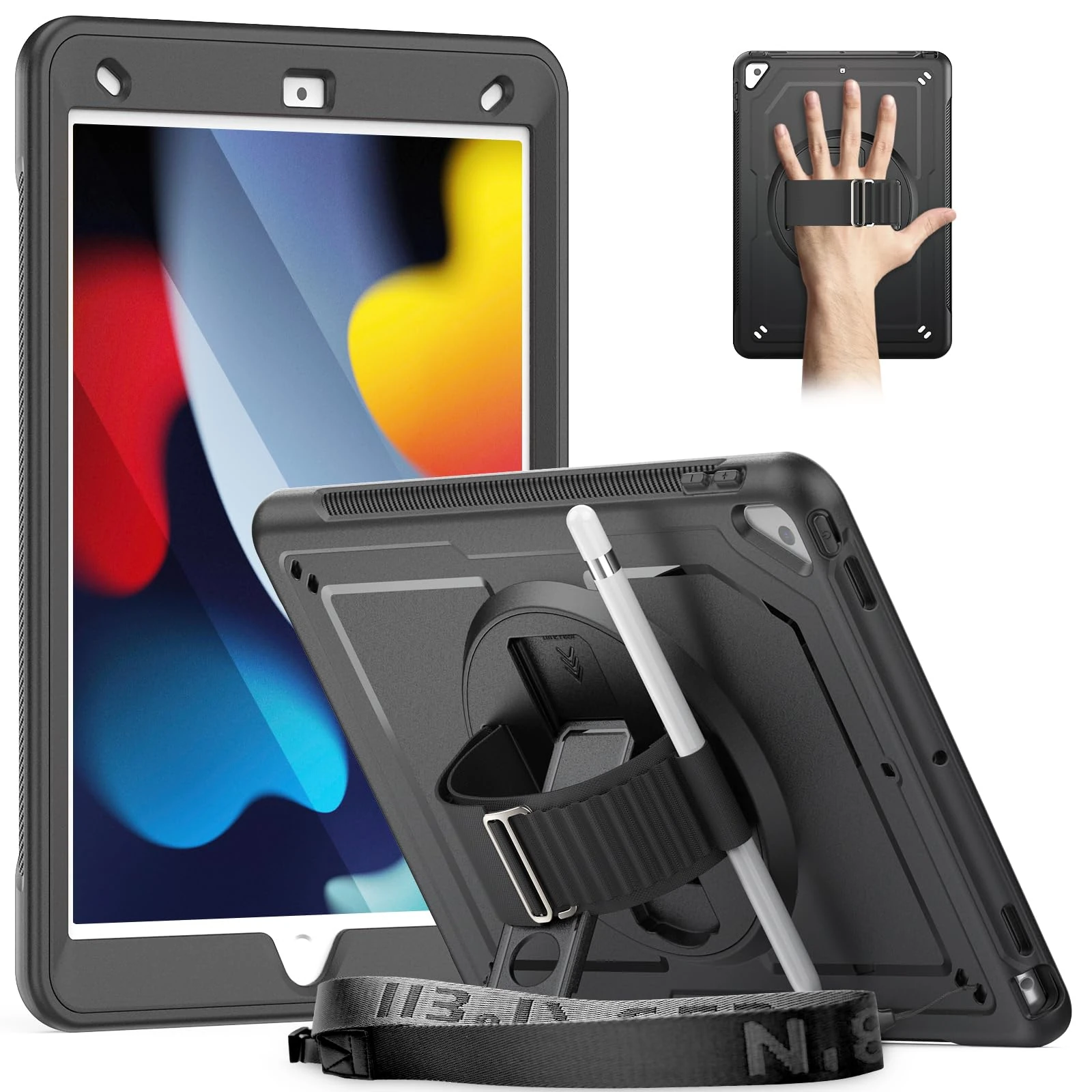 Timecity for iPad 9th 8th 7th Generation 10.2 inch Case,Shockproof Case with Screen Protector, Stand/360 Rotating Hand Strap,Pencil Holder,Heavy Duty Cover for iPad 10.2 7/8/9 2021~2019 Model,Black