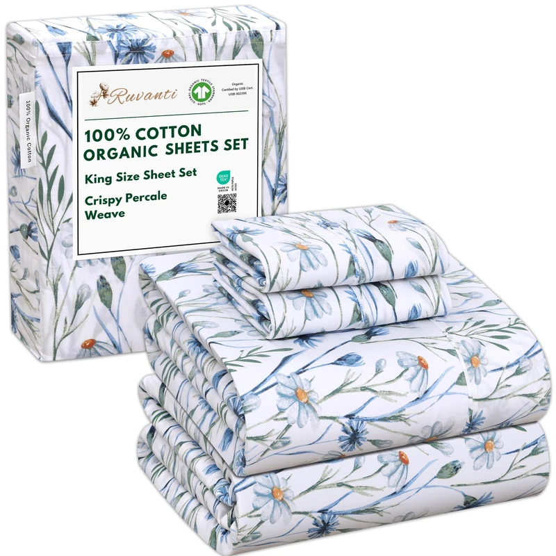 RUVANTI 100% Cotton Organic Percale Sheets, King Size, Daisy Bud