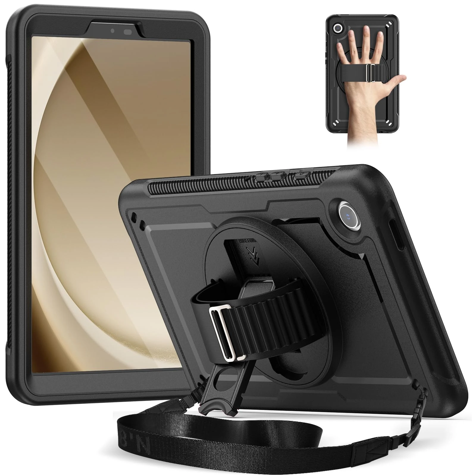 Timecity for Samsung Galaxy Tab A9 Case 8.7" 2023, Shockproof Sturdy Case with Screen Protector,Kickstand/360 Rotating Hand Strap,Pencil Holder, Heavy Duty Cover for Galaxy Tablet A9 Kids,Black