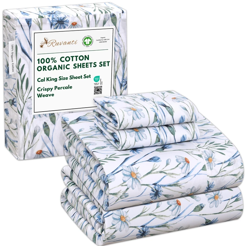 Ruvanti 100% Cotton Organic Percale Sheets, Cal King, Daisy Bud
