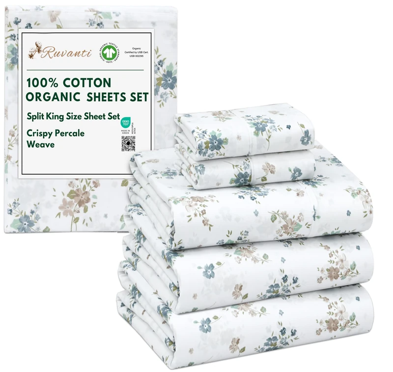 Ruvanti 100% Cotton Organic Percale Sheets Split King Size, Halcyon