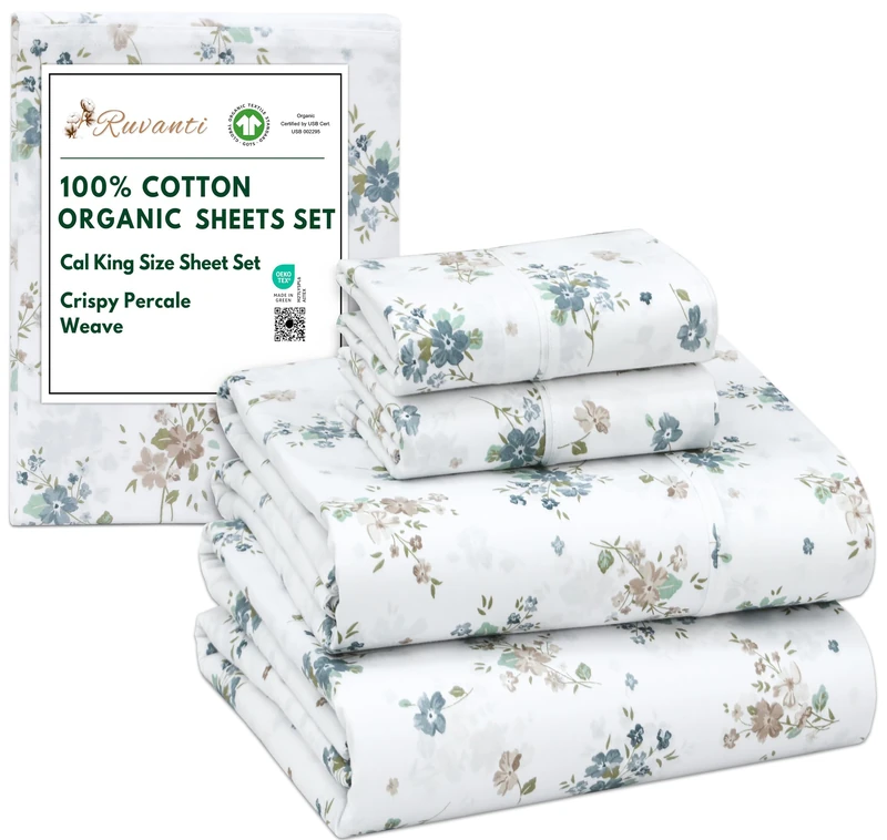 Ruvanti 100% Cotton Organic Percale Sheets Cal King Size, Halcyon