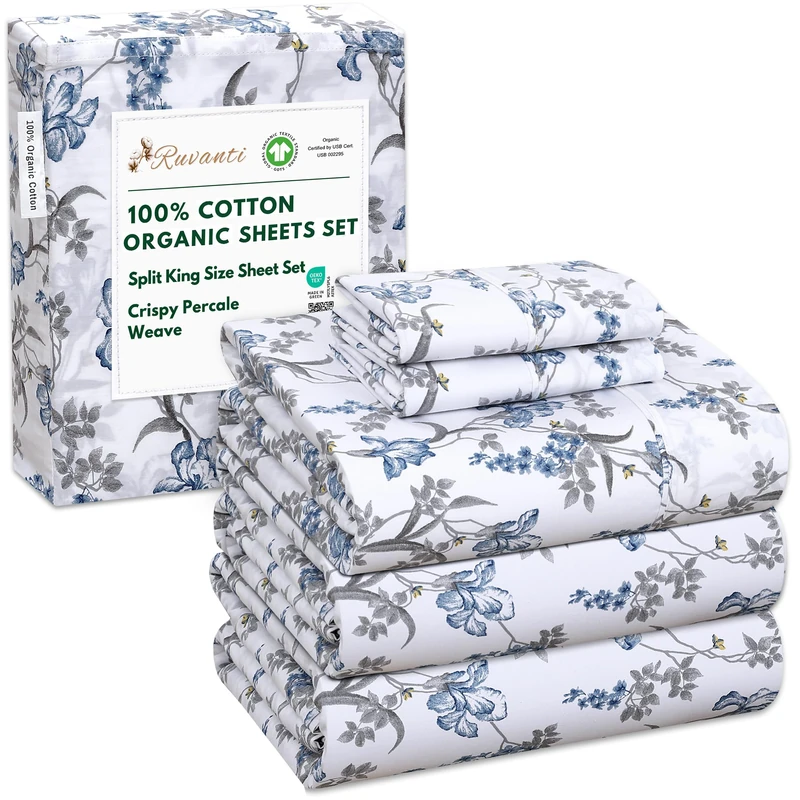 RUVANTI 100% Organic Cotton Sheets Split King, Percale Weave, GOTS Certified, 5-Piece Set, Deep Pocket 15", Crisp & Breathable, Soft Durable Bedding, Sábanas Algodón Orgánico – Deluxe