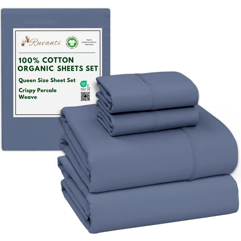 Ruvanti 100% Cotton Organic Percale Sheets Queen Size, Wild Wind