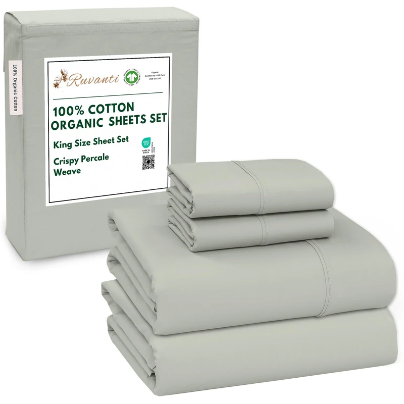 Ruvanti 100% Cotton Organic Percale Sheets, King Size, Mineral Gray