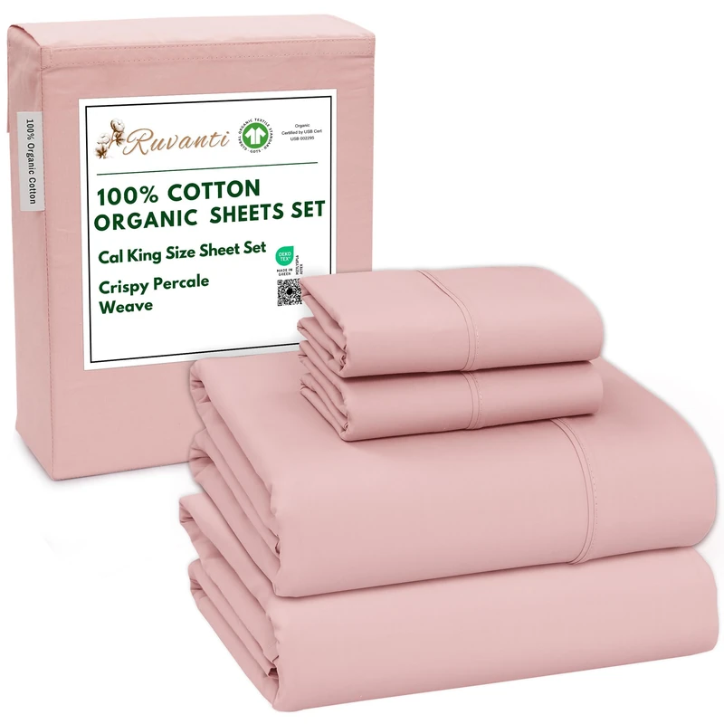 Ruvanti 100% Cotton Organic Percale Sheets, Cal King, Peach Skin