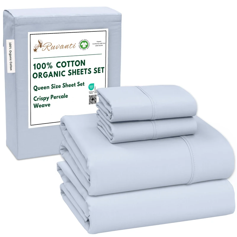 Ruvanti 100% Cotton Organic Percale Sheets, Queen Size, Arctic Ice