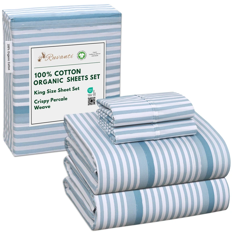 RUVANTI 100% Cotton Organic Percale Sheets King Size, Nautical Stripes