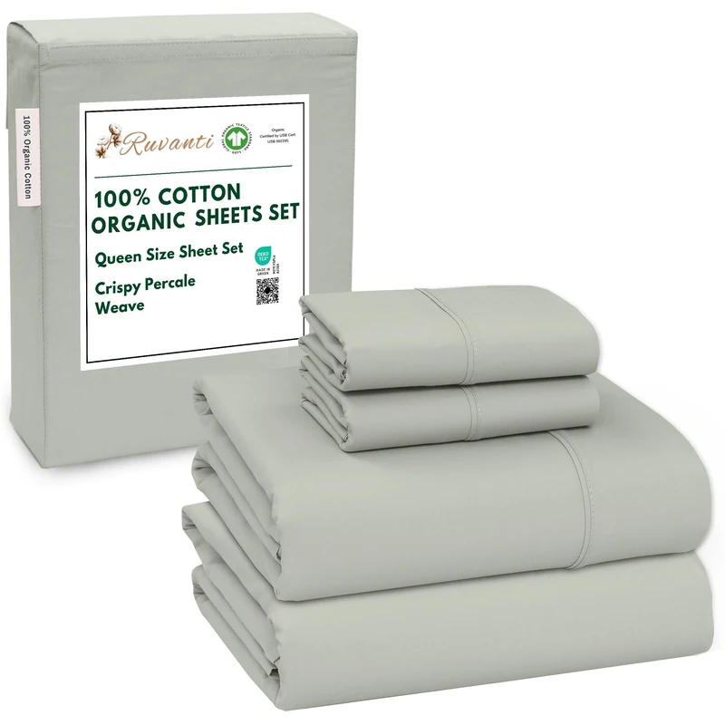 Ruvanti 100% Organic Cotton Queen Size Bed Sheet Set, 4 PC, Soft & Breathable Percale Weave, Deep Pocket, Mineral Gray