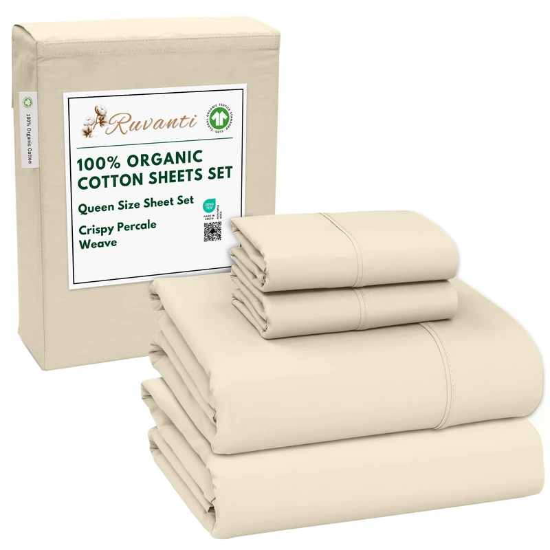 Ruvanti 100% Organic Cotton Sheets Queen Size Set, 4 Pieces, Soft & Breathable Percale Weave Bedding, Deep Pocket 16" Hotel Standard, Crisp Cool Feeling, Durable, Dyed Sheet, Cloud Cream