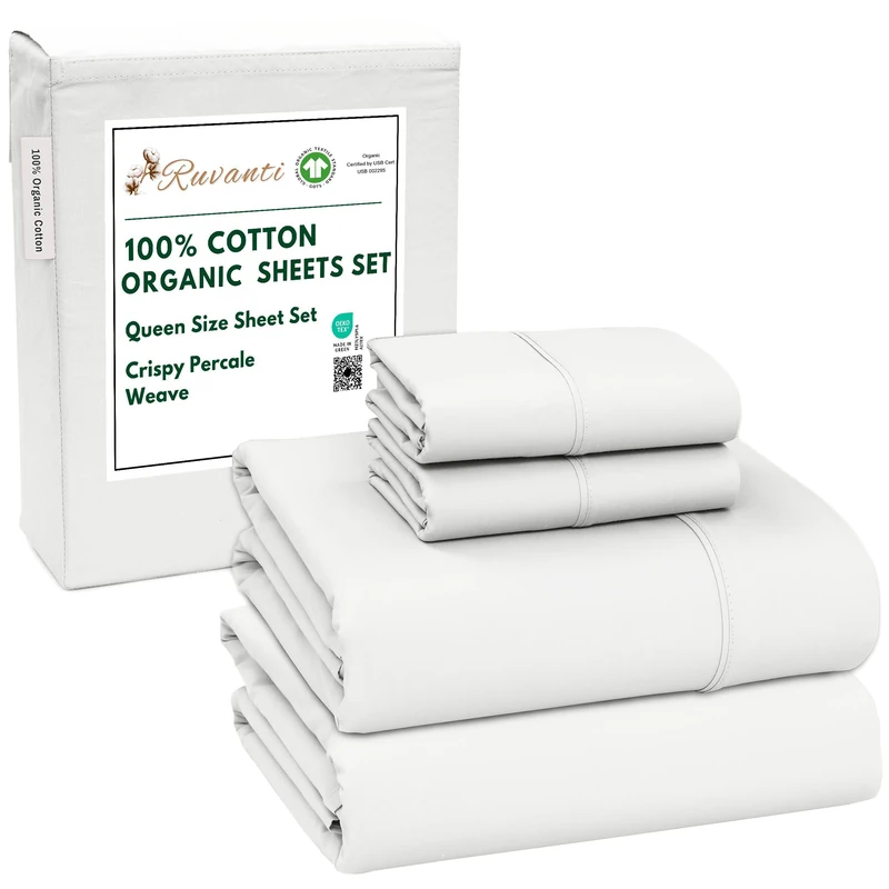 Ruvanti 100% Organic Cotton Sheets Queen Size, Percale Weave, GOTS Certified, 4-Piece Set, Deep Pocket 15", Crisp & Breathable, Soft Durable Bedding, Sábanas Algodón Orgánico – Bit of Blue