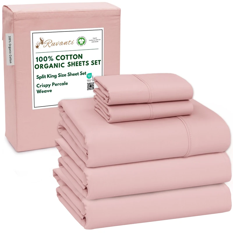 Ruvanti 100% Organic Cotton Sheets Split King, Percale Weave, GOTS Certified, 5-Piece Set, Deep Pocket 15", Crisp & Breathable, Soft Durable Bedding, Sábanas Algodón Orgánico – Peach Skin