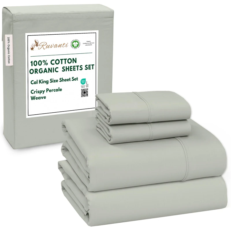 Ruvanti 100% Cotton Organic Percale Sheets, Cal King, Mineral Gray