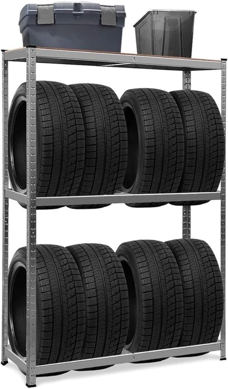 Megashopitalia Steel Tyre Shelf with MDF Top 8 Tyres