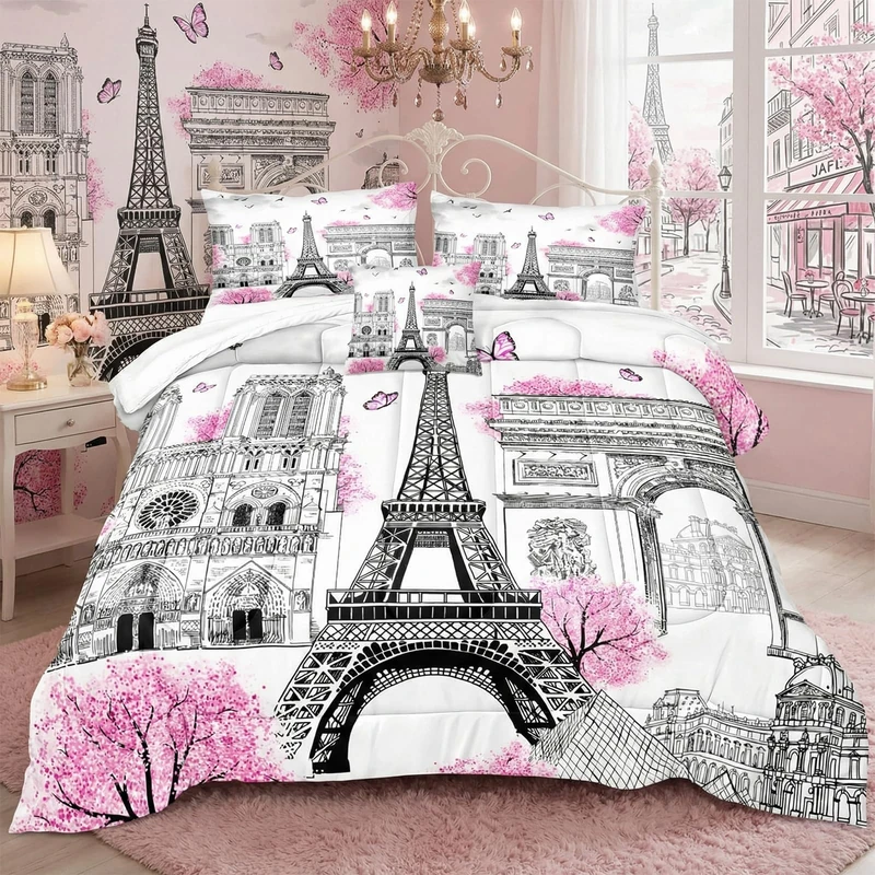Bedbay Romantic Paris Queen Comforter Set Eiffel Tower Bedding Set Pink Cherry Blossom Flowers Printed Girls Teen Women Bedding Set Valentine's Day Decorations Soft Microfiber(Paris,Queen)