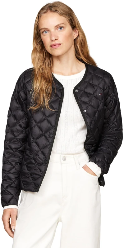 Tommy Hilfiger Women's Collarless Quilted Down Jacket with Button Placket, Black (Black), S