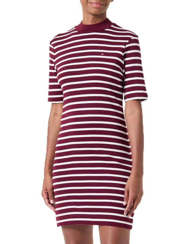Tommy Hilfiger Women’s Slim Cody Mock Neck T-Shirt Dress, Multicolor (Breton STP Deep Rouge/Ecru), L