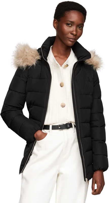 Tommy Hilfiger Women's Long Heritage Down Tyra Jacket with Fur, Black (Black), XXS