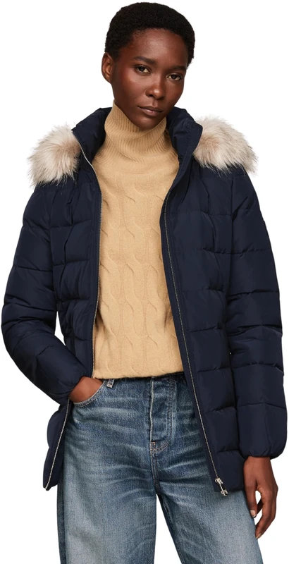 Tommy Hilfiger Women's Long Heritage Down Tyra Jacket with Fur, Blue (Desert Sky), S