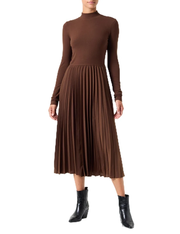 Tommy Hilfiger Women’s Rib Mix Pleated Dress, Brown (Legacy Brown), L