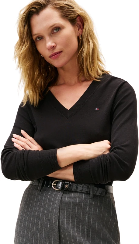 Tommy Hilfiger Women's V-Neck Jersey Jumper, Black (Black), XXS