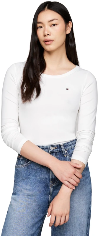 Tommy Hilfiger Women’s Long Sleeve Round Neck Slim Fit Top, White (Ecru), XXS