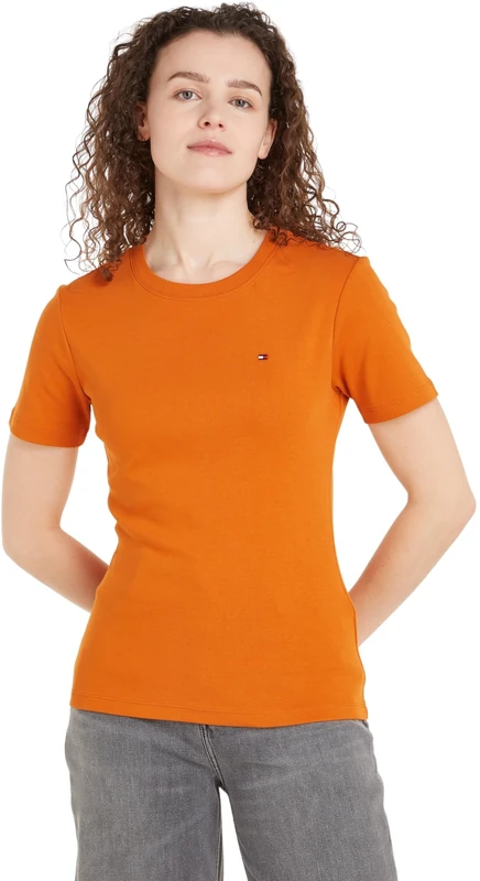 Tommy Hilfiger Women's New Slim Cody Round Neck Short Sleeve T-Shirt, Orange (Autumn Orange), L
