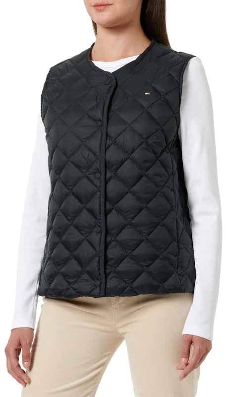 Tommy Hilfiger Women’s Lightweight Quilted Collarless Down Gilet, Black (Black), M