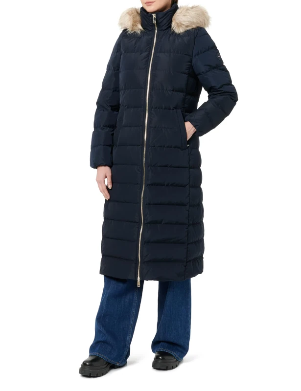Tommy Hilfiger Women's Heritage Tyra Maxi Down Coat with Fur Trimmed Hood, Blue (Desert Sky), XXS