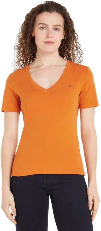 Tommy Hilfiger Women’s Short Sleeve T-Shirt New Slim Cody V-Neck, Orange (Autumn Orange), S