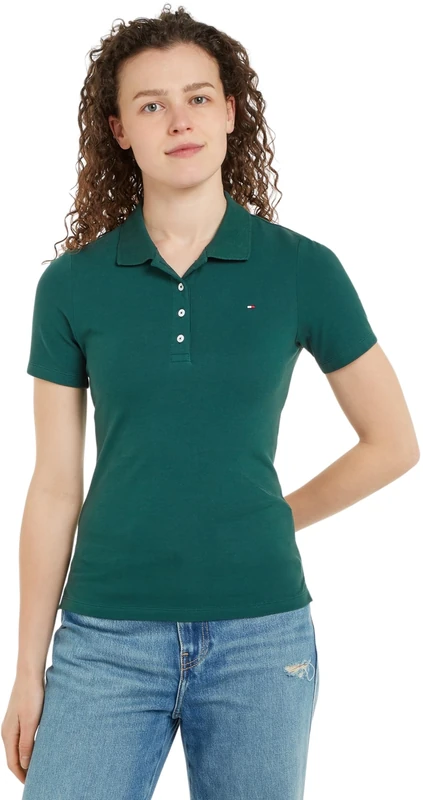 Tommy Hilfiger Women's Short Sleeve Slim Fit Polo Shirt, Green (Ornamental Green), XXS