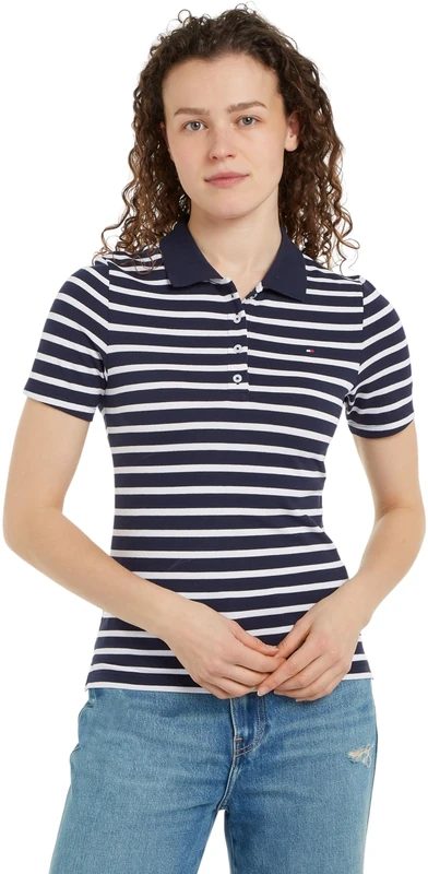 Tommy Hilfiger Women's Short Sleeve Slim Fit Striped Polo Shirt, Multicolor (Breton Desert Sky/Ecru), S