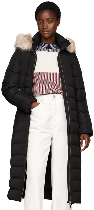 Tommy Hilfiger Women's Heritage Tyra Maxi Down Coat with Fur Trimmed Hood, Black (Black), XXS