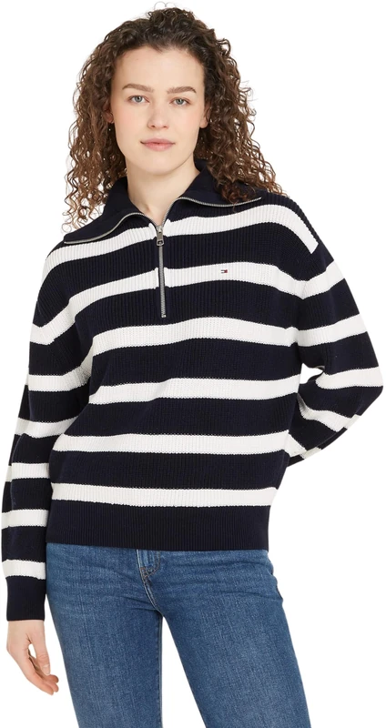Tommy Hilfiger Women’s Half Zip Knitted Jumper, Multicolor (Desert Sky/Ivory Petal Stripe), L
