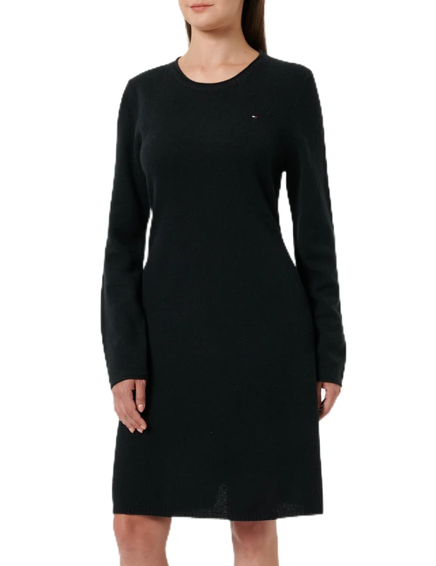Tommy Hilfiger Women’s Long Sleeve Soft Wool Flared Jumper Dress, Black (Black), XS