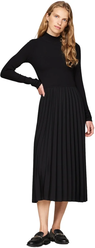 Tommy Hilfiger Women’s Rib Mix Pleated Dress, Black (Black), S