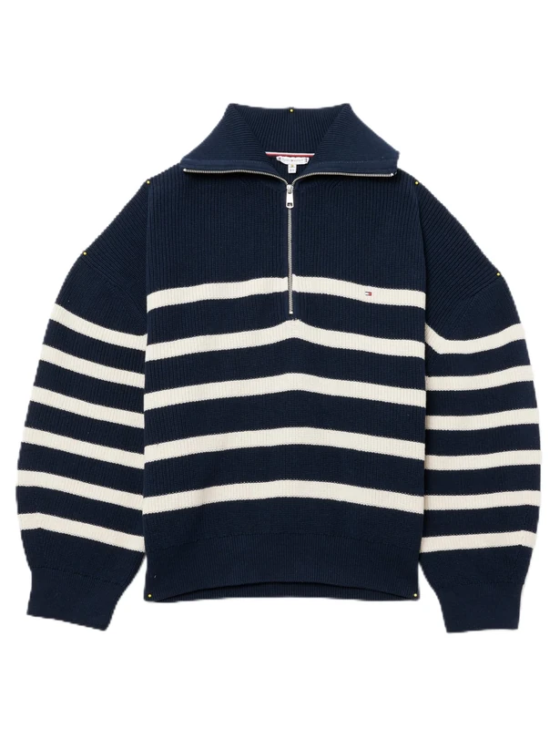 Tommy Hilfiger Women's Cardigan Stitch Half Zip Jumper, Multicolor (Desert Sky/Ivory Petal Stripe), 24