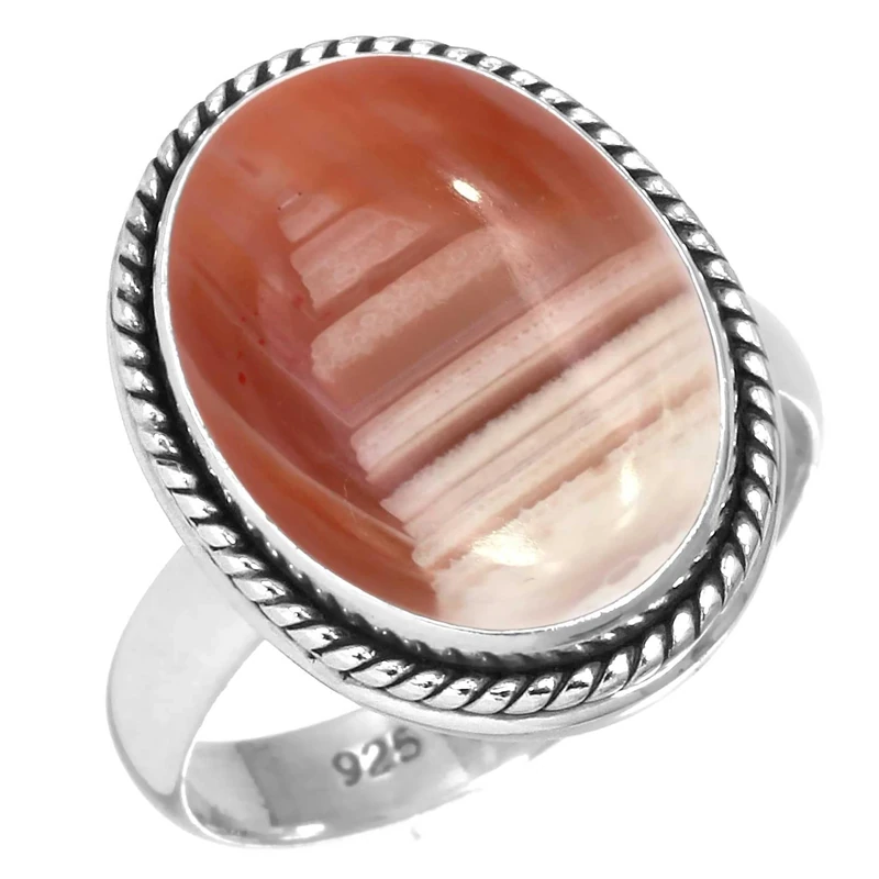 Jeweloporium Multicolor Banded Agate Silver Ring Size N 1/2, 925 Sterling Silver Ring for Women, Genuine Chunky Oval Stone Boho Jewellery