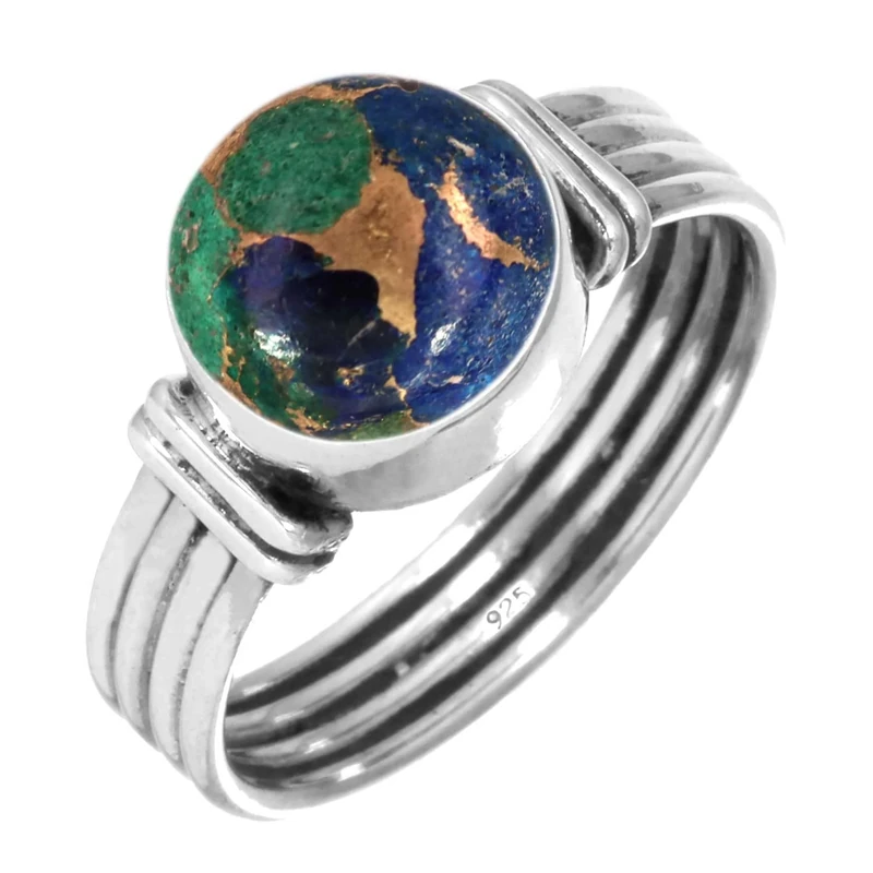Jeweloporium Multicolor Copper Azurite Silver Ring Size S 1/2, 925 Sterling Silver Ring for Women, Natural Round Gemstone Boho Jewellery