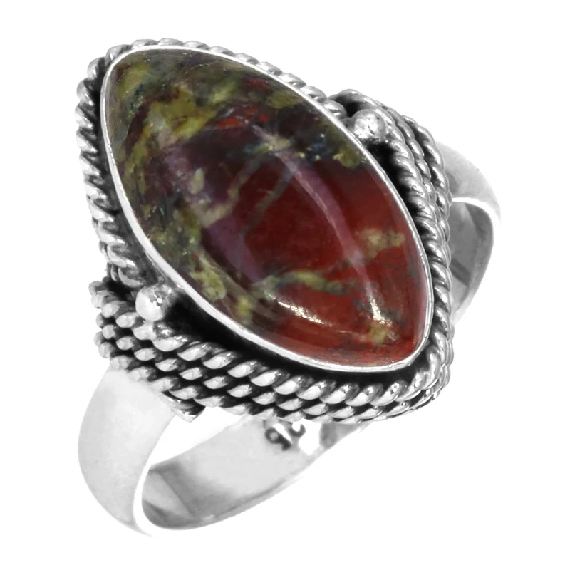 Jeweloporium Multicolor Dragon Blood Jasper Silver Ring Size T, 925 Sterling Silver Ring for Women, Real Marquise Stone Boho Jewellery
