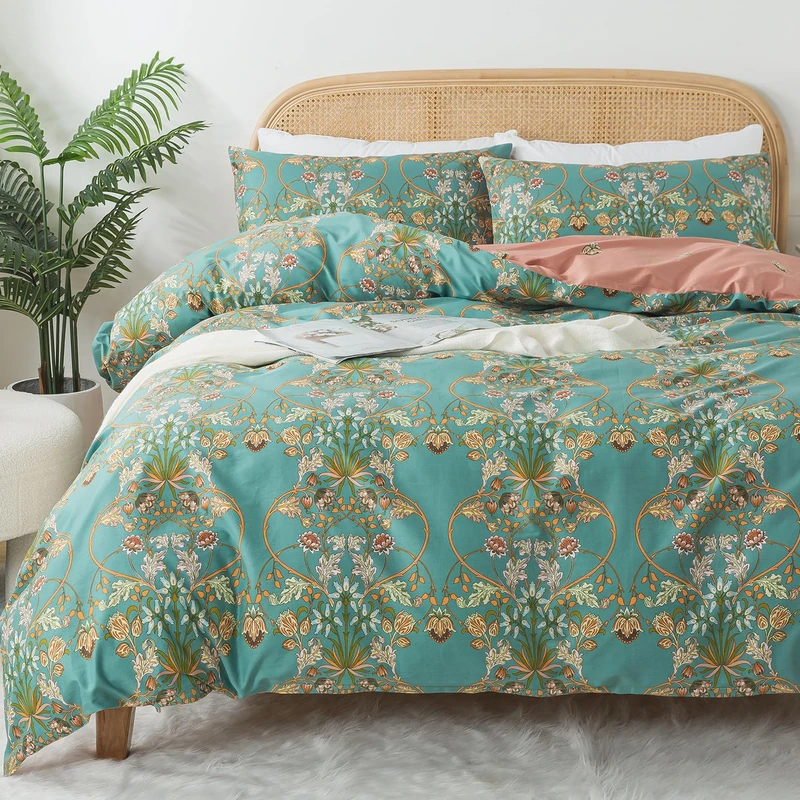 Zusbest Boho Duvet Cover Set King Size 100% Cotton Floral Bohemian Comforter Cover Teal Green Printed Reversible Orange Bedding Luxury Crisp Soft French Country Bedding 3Pcs, King