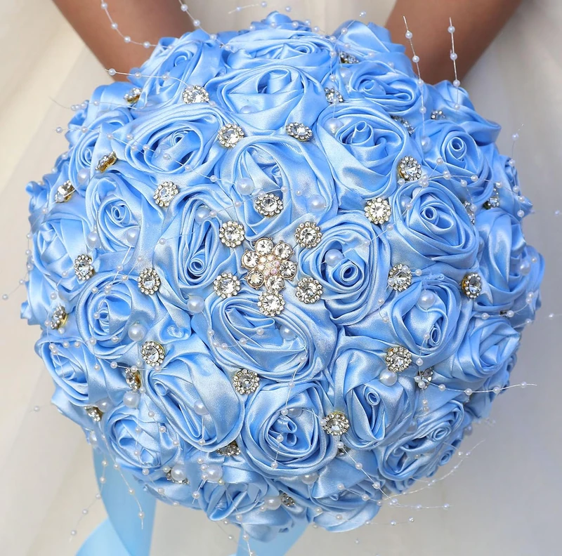 Mhojpik Bridal Bouquet Round Glitter Flower Bouquet Throw Artificial Rosebud Bouquet for Bride Bridesmaid Wedding Quinceanera (Light Blue, 9.8")