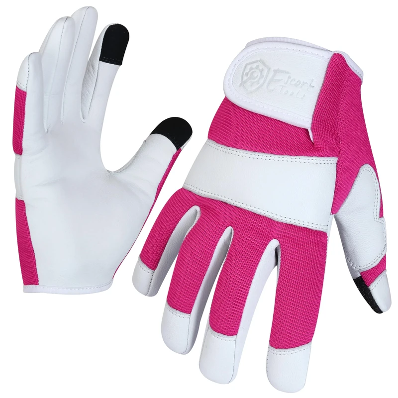 Escort Tools® Heavy Duty Leather Gardening Work Gloves, Thorn Proof, Touch Screen, Utility Safety Working Gloves Breathable, Tear Resistant, High Dexterity Mechanic Gloves Unisex (Pink, 4XL)
