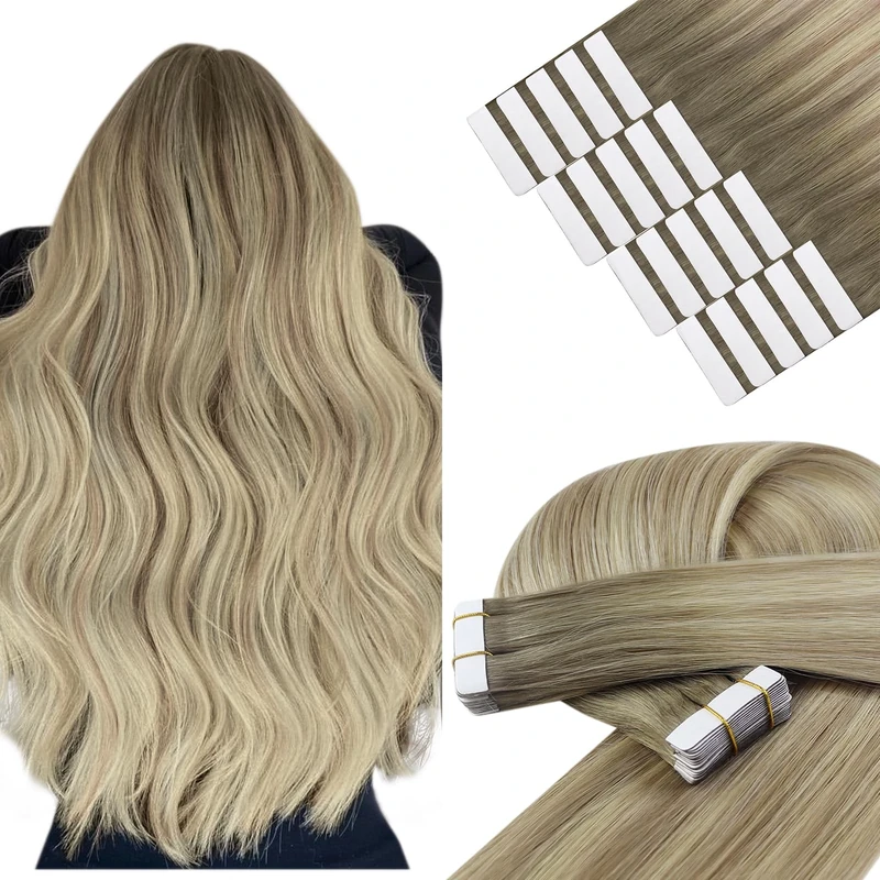 YoungSee Blonde Tape in Hair Extensions Human Hair Balayage Blonde Tape Extensions Seamless Tape-in Human Hair Extensions for Women 20In 50G 20Pcs Straight