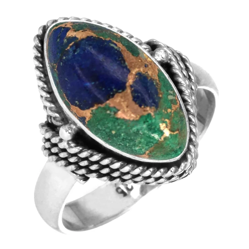 Jeweloporium Multicolor Copper Azurite Silver Ring Size P 1/2, 925 Sterling Silver Ring for Women, Real Marquise Gemstone Boho Jewellery