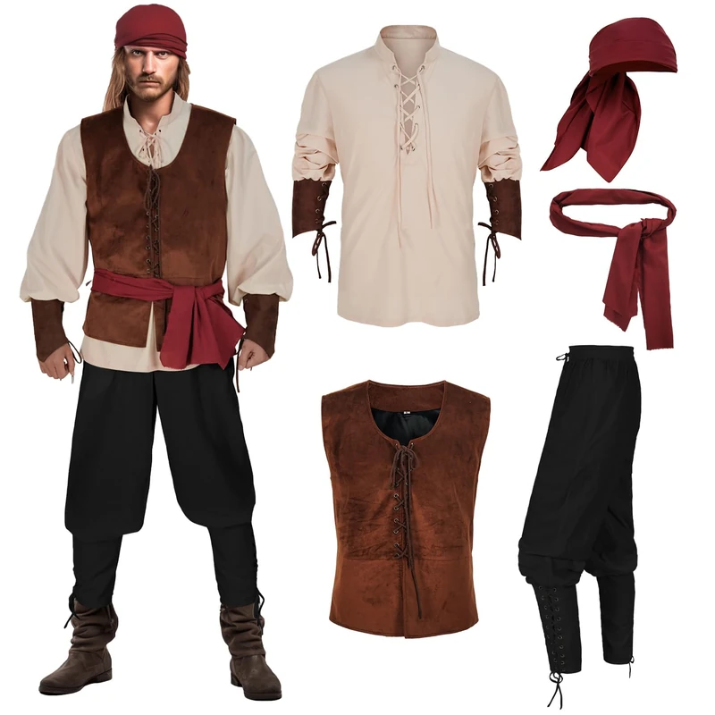 IWQBQ Men's Pirate Costume 5 Pcs Medieval Renaissance Outfits Halloween Viking Set(Z3601,XL)