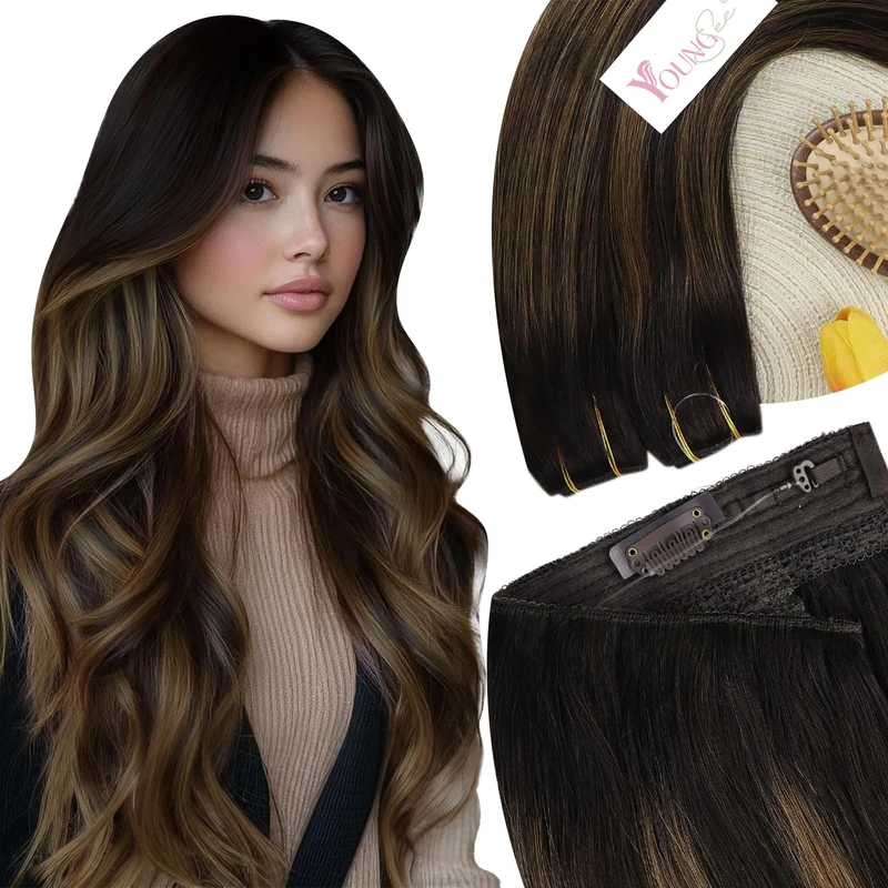 YoungSee Wire Hair Extension Brown 20inch 100g,Secret Wire Human Hair Extensions,Dark Brown with Medium Brown Balayage,Suitable for Fine or Thin Hair,Long Straight One Piece